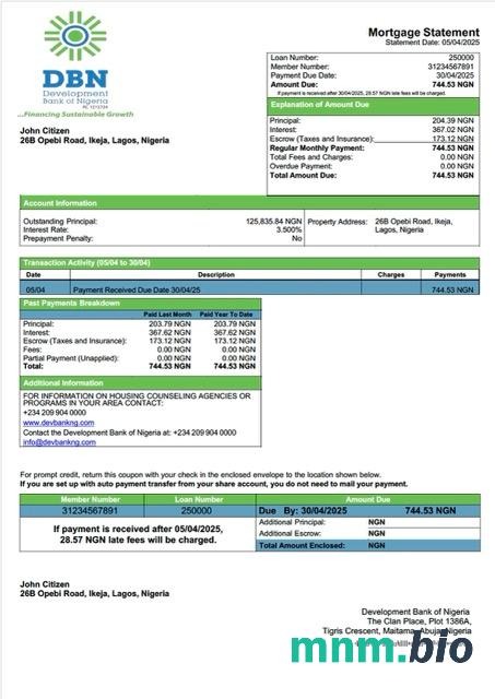 Nigeria Development Bank of Nigeria wyciąg z kredytu hipotecznego szablon Word i PDF